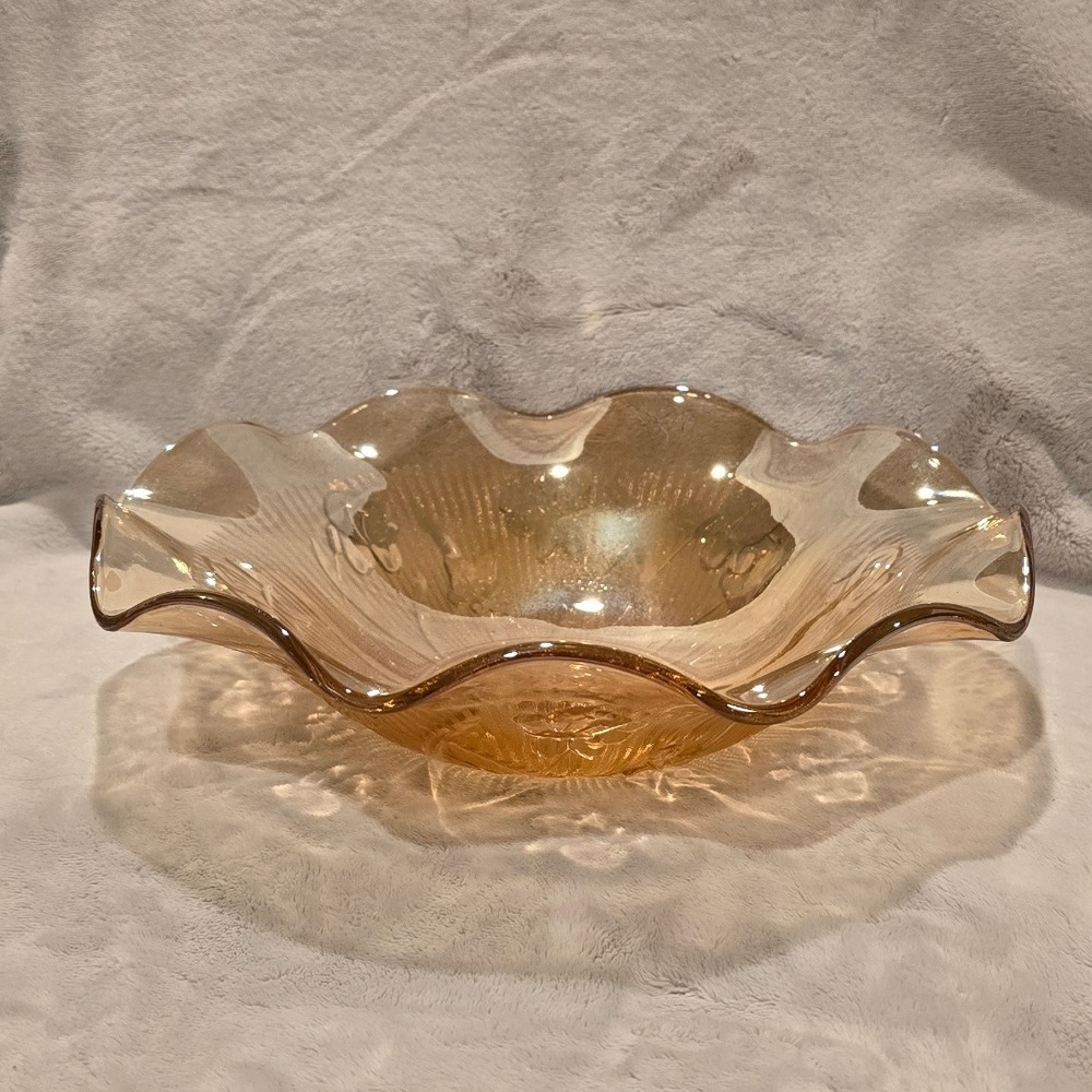 Vintage Jeannette Carnival Glass Floragold Louisa Ruffled Rim Bowl 11.75 Inch